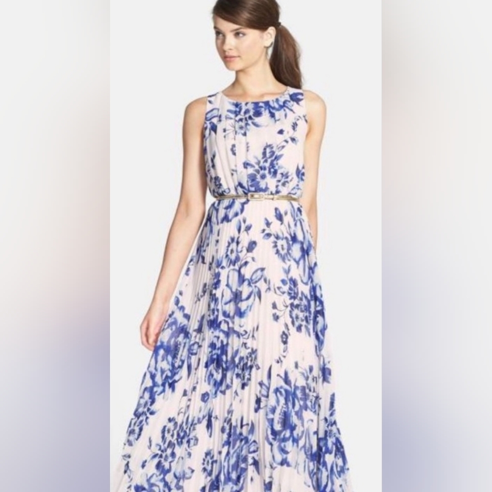 Elija J Floral Blue and White Pleated Dress Tea Length